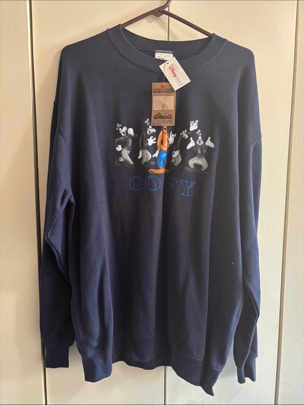 Disney Goofy Graphic Crewneck Sweater - Navy with Orange & Blue Accents